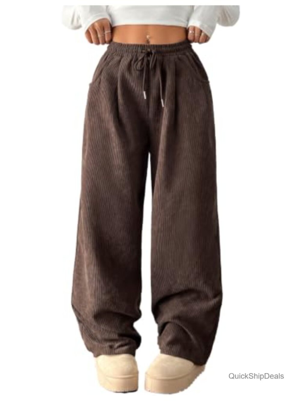 Women's Corduroy Wide Leg Baggy Pants Drawstring High Waist Loose Trousers